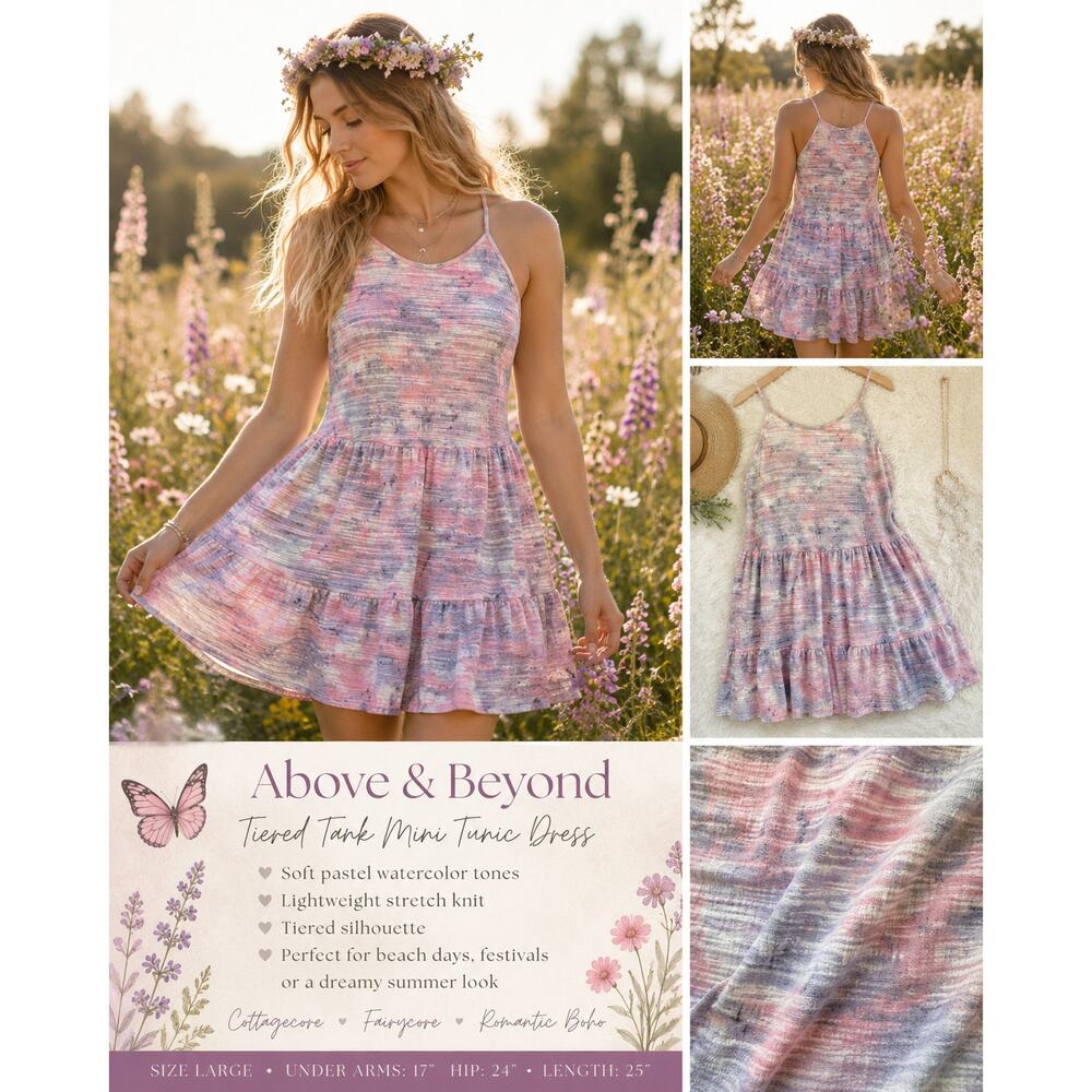 Above & Beyond L Pastel Tiered Tunic Mini Dress Cottagecore Fairycore Boho